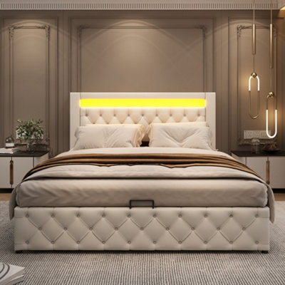 Btm Upholstered Functional Bed 150X200Cm With Slatted Frame Storage Space Led Lighting In Different Colours White Pu from B&Q