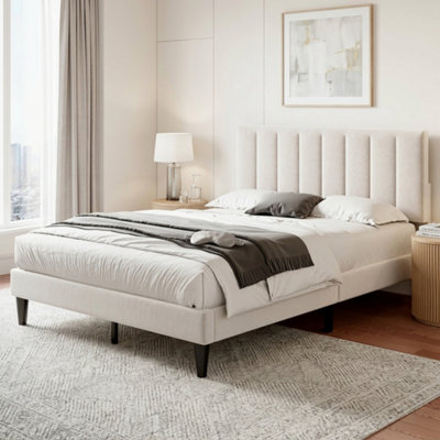 Btm Double Velvet Bed Frame 4Ft6 With Channel Tufted Headboard Wooden Slats And Noise Reducing Foam Beige from B&Q