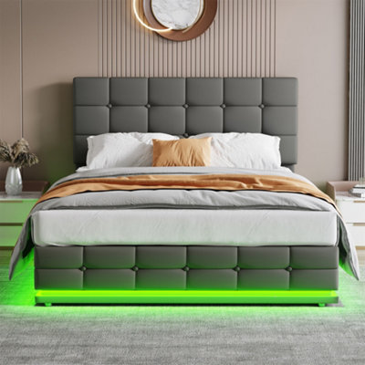 Btm 4Ft6 Ottoman BedPu Leather UpholsteredHydraulic StorageLed LightingAdjustable Button Tufted HeadboardGrey from B&Q