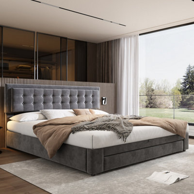 Btm Upholstered King Size Bed 5Ft 150X200Cm Velvet Fabric Large Storage Slats Headboard Without Mattress Grey from B&Q