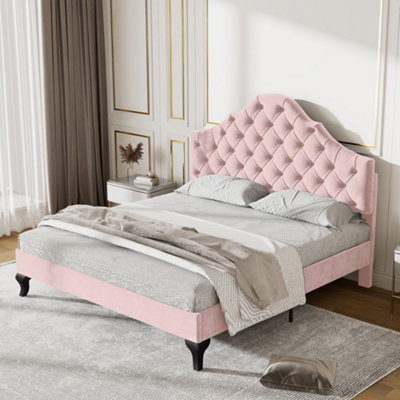 Btm Upholstered Bed 4Ft6 Slatted Frame Headboard Height Adjustable Youth Bed Velvet Pink from B&Q