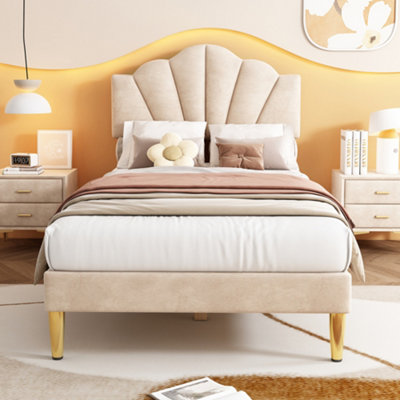 Btm Velvet Upholstered Single Bed 3Ft 90X190Cm Shell BedGold Iron LegsAdjustable HeadboardBeige from B&Q