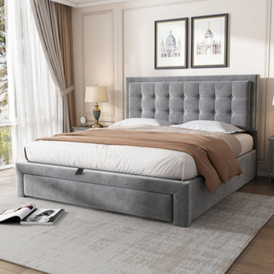 Btm Upholstered Double Bed 4Ft6 135X190CmVelvet FabricLarge StorageSlatted HeadboardGrey (No Mattress) from B&Q