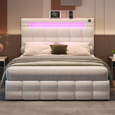 Btm Double Upholstered Bed Frame With Hydraulic Storage Velvet Led Charging Tufted Headboard Beige from B&Q