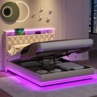 Btm King Upholstered Bed Frame With Hydraulic Storage Linen Ottoman Led Charging Tufted Headboard Usb Beige from B&Q