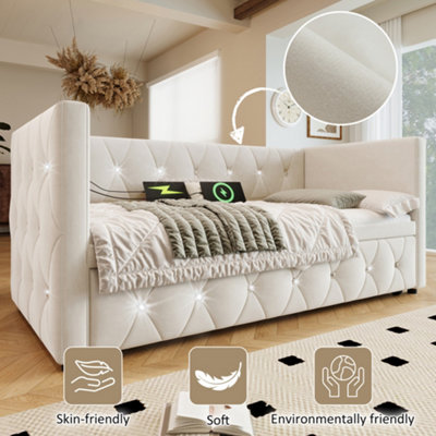 Btm Single Daybed Sofa Bed With Usb And Type C Ports Trundle Bed 3Ft 90X190Cm Velvet Beige Upholstered from B&Q