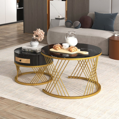 Btm Two In One Mdf Round Coffee Table With Marble Grain Top Rattan Drawers Wood Handles Gold Iron Legs Living Room Set from B&Q