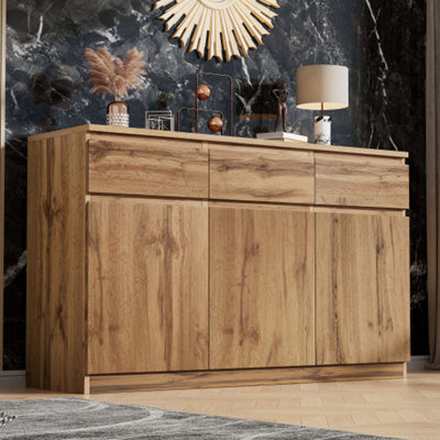 Btm Oak Buffet Sideboard With 3 Drawers3 Doors & Adjustable ShelvesFarmhouse Wine Cabinet For Dining/kitchen from B&Q