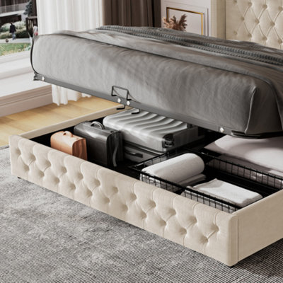 Btm Upholstered Bed 135X190 With Hydraulic Lever Functional Storage Bed Velvet Beige from B&Q