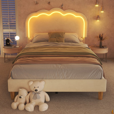 Btm Single Upholstered Bed 3Ft 90X190Cm Led Headboard Velvet Frame Wood Slat Beige Teen Bed No Mattress from B&Q