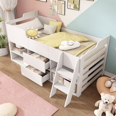 Btm White Cabin Bed 3Ft Single Kids Mid Sleeper With Drawers & Shelf Storage Wooden Frame 90X190Cm from B&Q