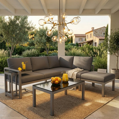 Btm Outdoor Garden Terrace Lounge Sofa Set For 4 To 5 People With Side Table And Coffee Table Grey Cushions Included from B&Q