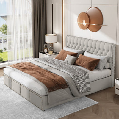 Btm Upholstered Super King Bed 6Ft 180X200Cm Hydraulic StorageRivet DetailLinen Light GreyNo Mattress from B&Q