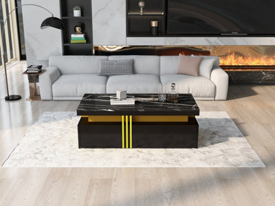 Btm Modern Black Coffee TableMarble Pattern Top2 Wooden Drawers100X50X40CmLiving Room from B&Q