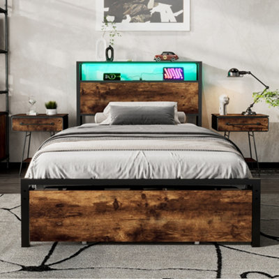 Btm Metal 3Ft Single Bed 90X190Cm With Led Light Strip2 Usb PortsDrawerBlack & Walnut Finish from B&Q