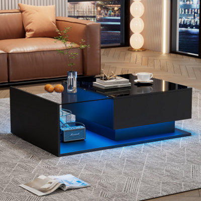 Btm Led Coffee TableModern High Gloss Black Center Table With Glass & Drawer For Living Room from B&Q