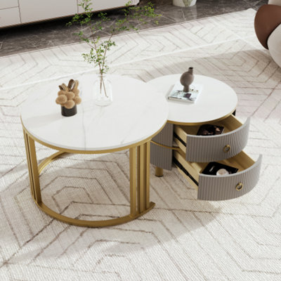 Btm 2-In-1 Mdf Round Coffee TableGlossy White Marble Top2 DrawersWhite & GreyLiving Room Set from B&Q