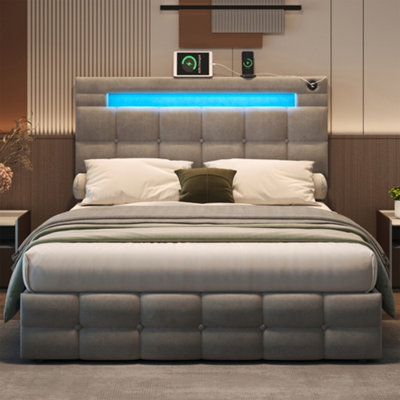 Btm 4Ft6 Velvet Ottoman Bed With Hydraulic StorageLed HeadboardCharging StationGrey from B&Q