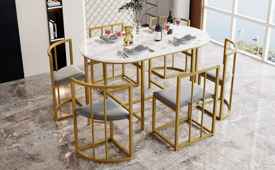 Btm 6-Chair Dining SetWhite Table With Gold FrameGray Upholstered ChairsModern Dining Combo from B&Q
