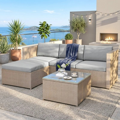 Btm Rattan Garden Corner Sofa Set Patio Furniture Lounge Set Outdoor Entertaining Set Khaki from B&Q