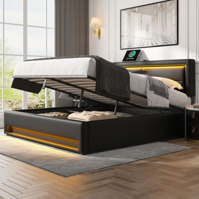 Btm Upholstered Double Bed 135X190 CmUsb Wireless & Wired ChargingLed LightingStorageBlack (No Mattress) from B&Q