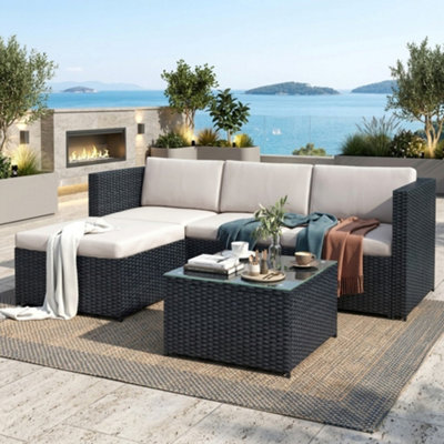 Btm Black Rattan Garden Corner Sofa Set Patio Furniture Outdoor Entertaining Lounge Set from B&Q