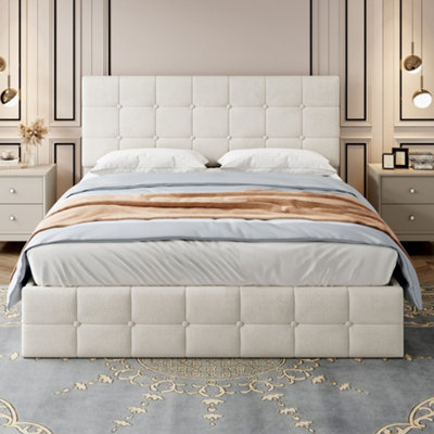 Btm Velvet Double Ottoman Bed Frame With Hydraulic StorageAdjustable Tufted HeadboardBeige from B&Q