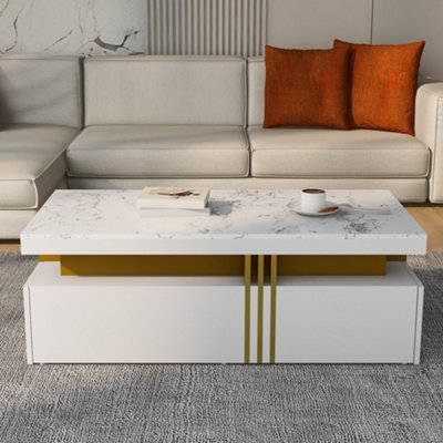 Btm Modern White Rectangular Coffee Table With Marble Pattern Top And Two Wooden Drawers 100 By 50 By 40 Cm from B&Q