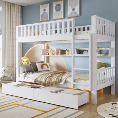 Btm 3Ft White Single Bunk Bed For Children Solid Pine Frame With Slide Out Drawer Storage And Shelf 90X190Cm