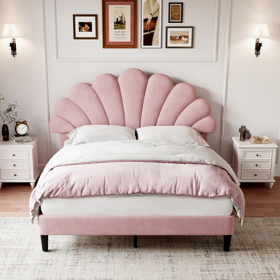 Btm Upholstered Double Bed Frame 4Ft6 Velvet With Petal Headboard Solid Wood Slatted Base Pink Easy Assembly from B&Q