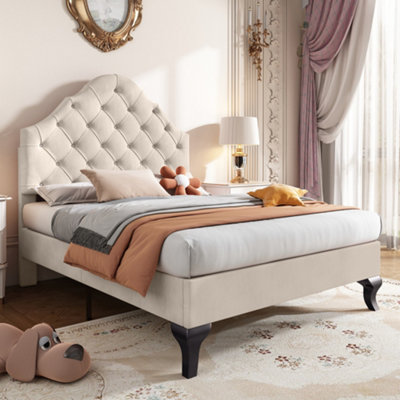 Btm Upholstered Bed 90X190 Slatted Frame Headboard Height-Adjustable Youth Bed Velvet Beige from B&Q
