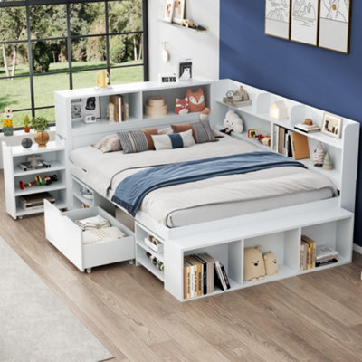 Btm Double Storage Bed 4Ft6 135X190Cm With Drawers Bookcase Cupboard Slatted Base White No Mattress from B&Q