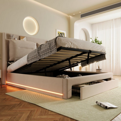 Btm Upholstered Double Bed 4Ft6 135X190 Velvet With Hydraulic Storage Drawers Led Lights Slatted Frame Beige from B&Q