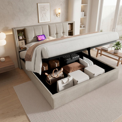 Btm Upholstered 180X200 Cm Super King BedWireless Charging (Usb Typec)Hydraulic StorageLinenNaturalNo Mattress from B&Q