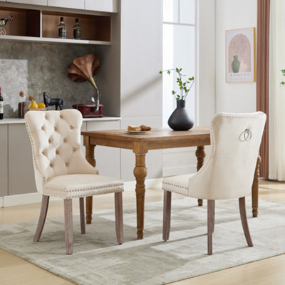 Btm Set Of 2 Modern Velvet Dining ChairsButton Tufted With Wood Legs And Knocker Ring For Dining Or Living Room (Beige) from B&Q