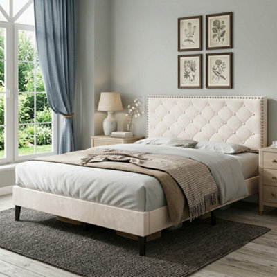 Btm 4Ft6 Velvet Double BedUpholstered Frame With Button-Tufted & Rivet HeadboardWooden SlatsNo Box SpringBeige from B&Q