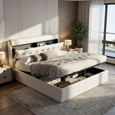 Btm Fashion Upholstered Bed 135X190 4Ft6 Double With Hydraulic Concealed Headboard & Storage BoxPu Slats,cream White from B&Q