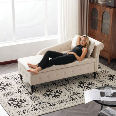 Btm Velvet Chaise Lounge Sofa With Storage Beige Upholstered Couch With Pillow Tufted Lounge Chair Right Armrest from B&Q