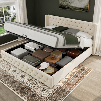 Btm Upholstered BedWith Hydraulic LeverFunctional Bed From Storage150 X 200 CmWithout MattressVelvetBeige from B&Q