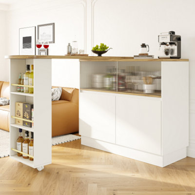 Btm 360 Swivel High Table 90X45x100cm, Sideboard With Storage Sliding Glass Door, For Kitchen/Dining Room White