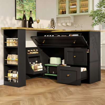 B&Q -  Extendable Bar Table With Storage Shelves Telescopic High Table For Kitchen Or Dining Room Black