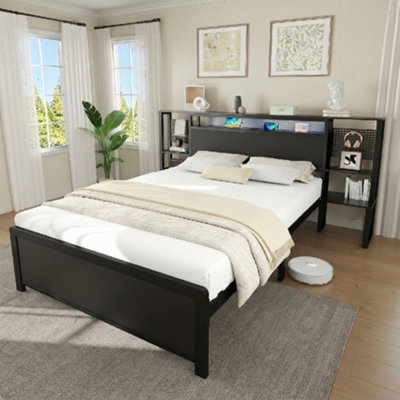 Btm Metal Bed 4Ft6 Double 135X190Cm Iron Frame With Led Lights Charging Ports A C Type Integrated Bedside Table Black from B&Q