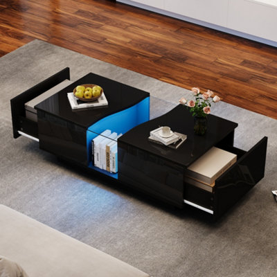 Btm Led Coffee Table With 2 Drawers16Colour LightsHigh Gloss Centre Table For Living RoomBlack