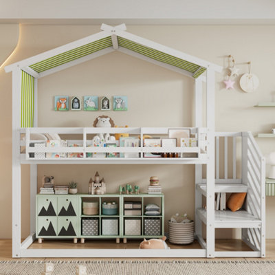 Btm 3Ft Bunk Bed 90X190Cm Kids Bed Mdf Pine Wood Plywood With Canopy Staircase Bookshelf White Green from B&Q