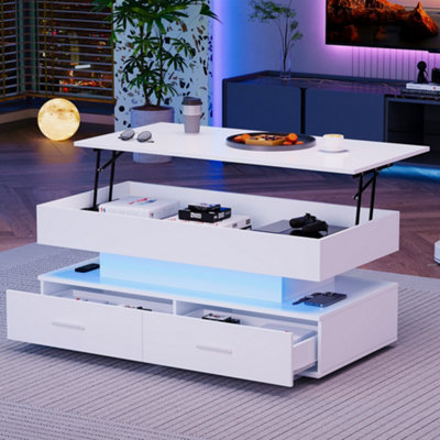 Btm Hydraulic Lift Top Led Coffee Table With 2 DrawersStorage Table For Living Or Reception RoomWhite