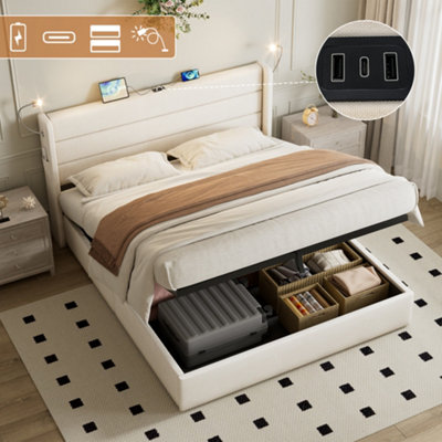 Btm 5Ft King Upholstered Bed With Hydraulic Storage Adjustable Led Headboard Usb And Type C Ports Beige from B&Q