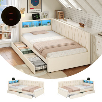 Btm 3Ft Single Daybed With Two Storage Drawers Led Bed Frame With Charging Station Linen Sofa Bed Beige from B&Q