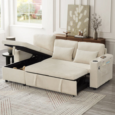 Btm 3 In 1 Convertible Corduroy Sofa Bed With Storage Chaise L Shaped Sleeper With Charging Station Beige from B&Q