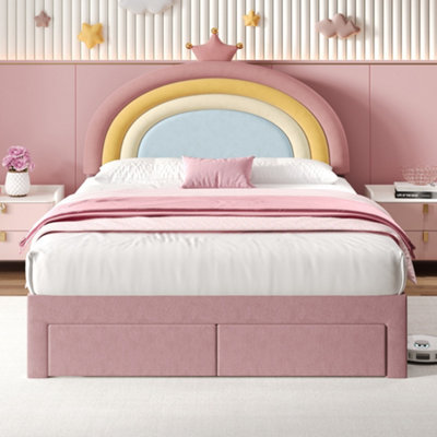 Btm 4Ft6 Double Upholstered Bed With Rainbow Headboard Velvet Frame Storage Drawer Crown Design Pink No Mattress from B&Q