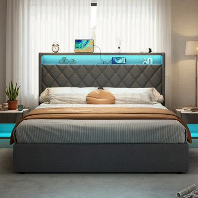 Btm Grey 5Ft King Size Upholstered Storage Bed With Hydraulic Ottoman Led Lighting And Usb Charging No Mattress from B&Q
